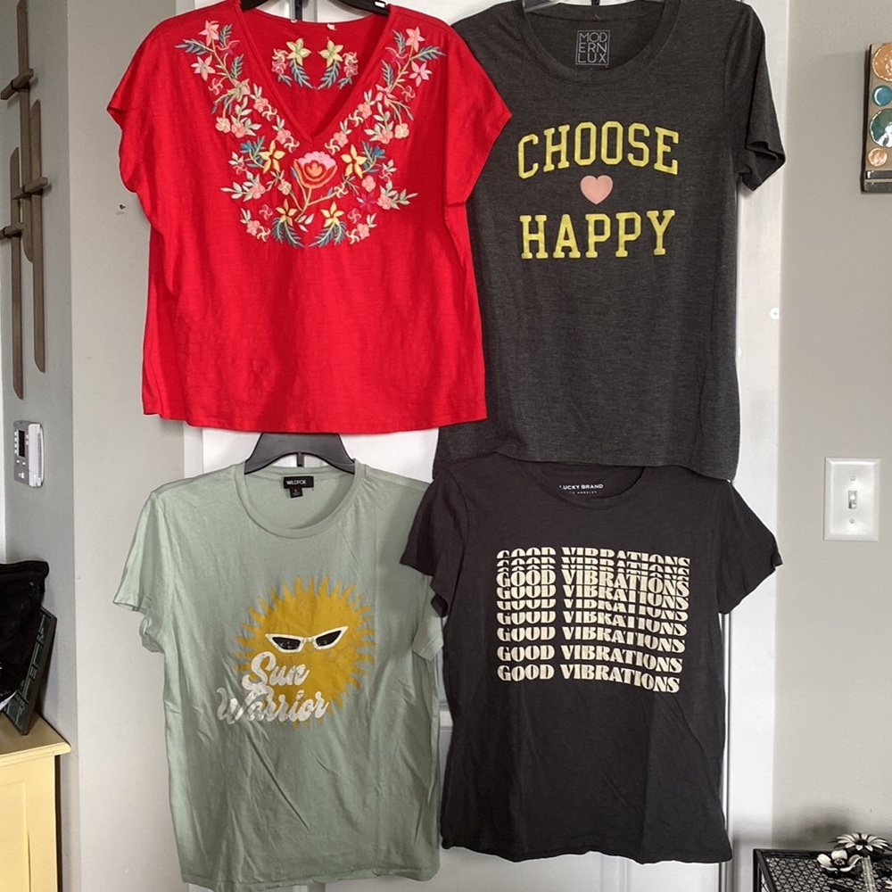 4 For $15 Short sleeve tops and Tshirts. Red embroidered V-neck, 2 small & 1 L